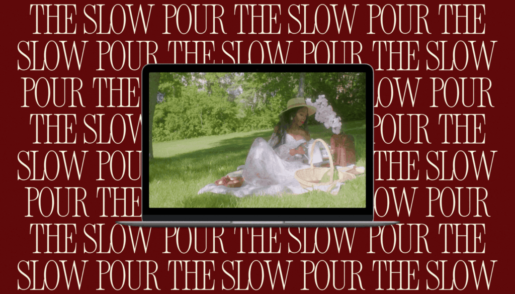 The Slow Pour newsletter GIF with Black woman on a picnic pouring herself some tea